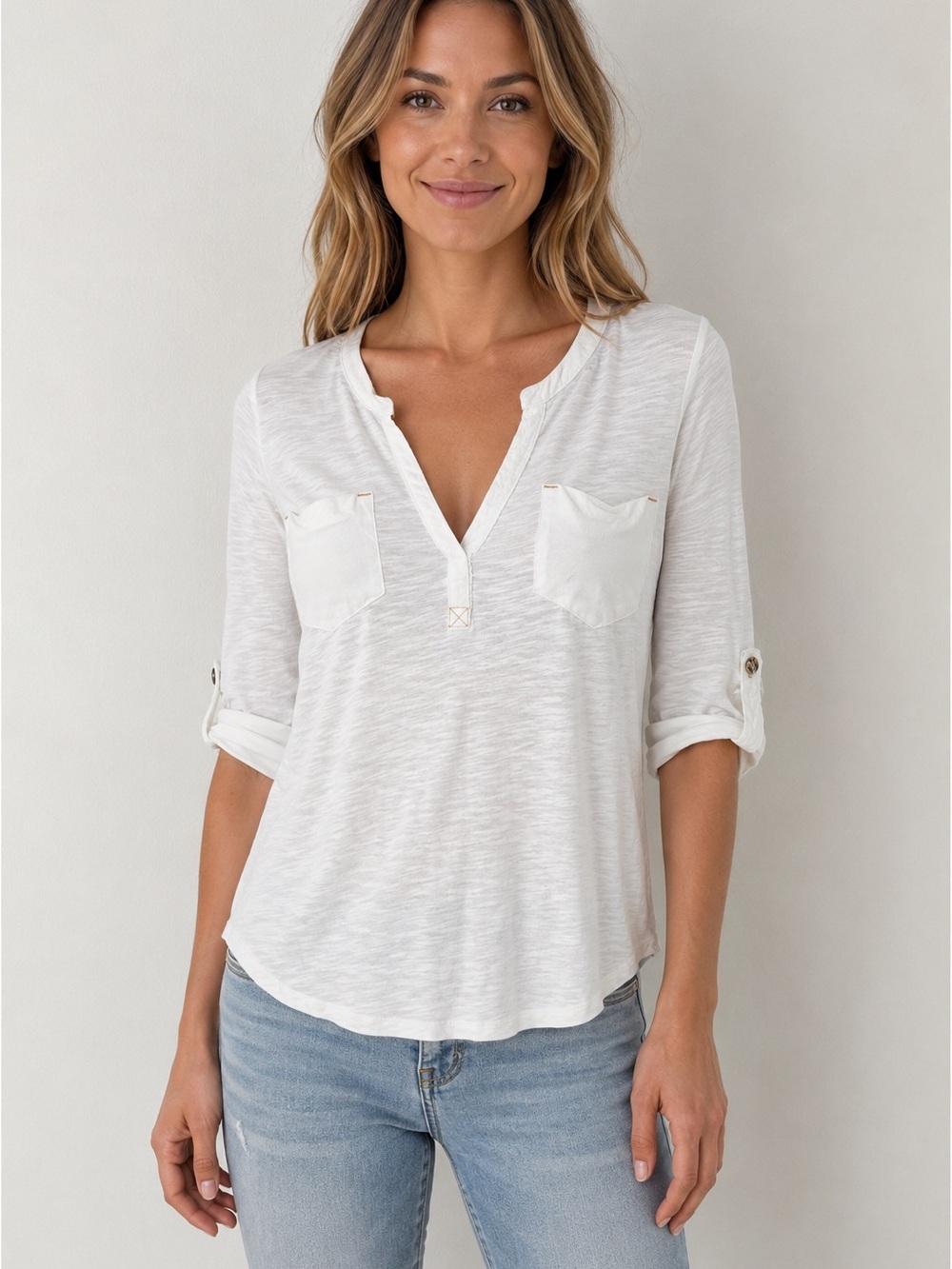 Anthropologie‎ 9-H15 STCL Mixed Media Slub Knit Roll Tab Top | Medium